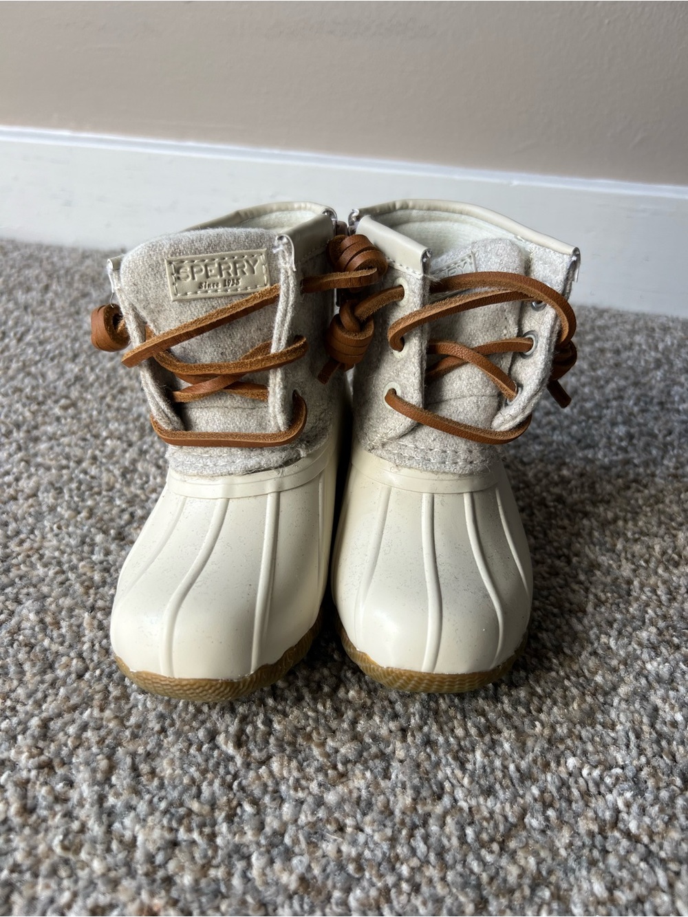 Sperry Kids Cream and Brown Lace Rain Boots